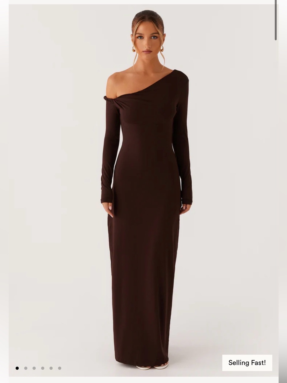 Peppermayo One-Shoulder Long Sleeve Maxi Dress in Dark Brown